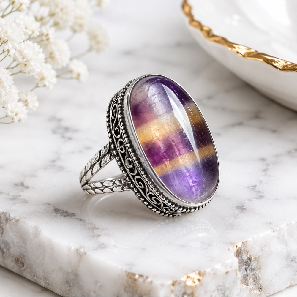 Artisan Jewelry ✨ TANZANITE FLUORITE STATEMENT RING HAND CRAFTED PURPLE AND GOLD
